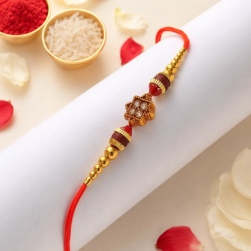 Classic Red and Gold Floral Rakhi premium angle - OyeGifts