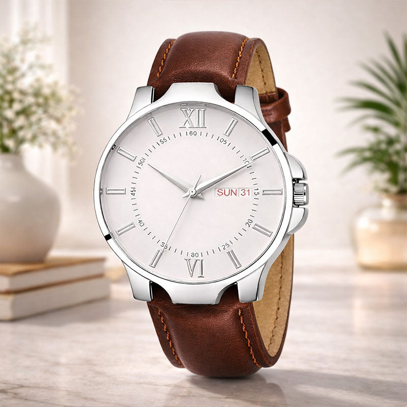 Watch with brown leather strap on a blurred indoor background