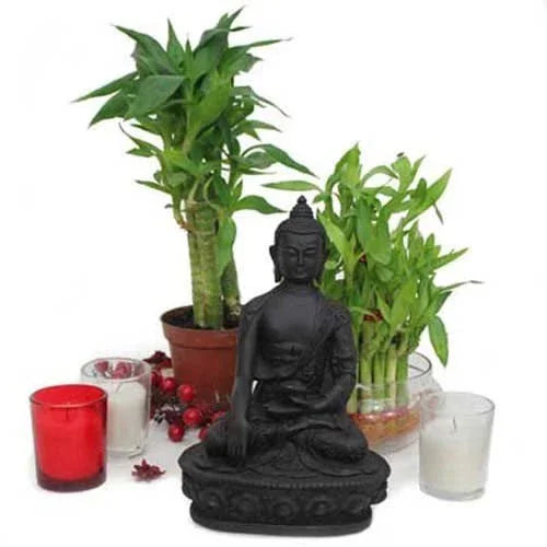 Buddha statue with lucky bamboo plants, red berries, and candles, perfect for gifting.