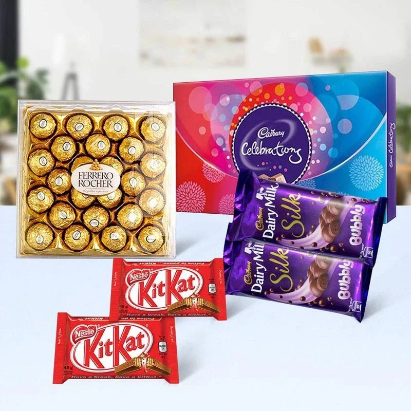 Assorted chocolate bars including Ferrero Rocher, Cadbury, and Kit Kat on a white surface.