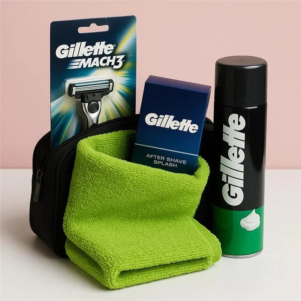 Men's shaving kit with razor, after shave, shaving foam, green towel, and black pouch