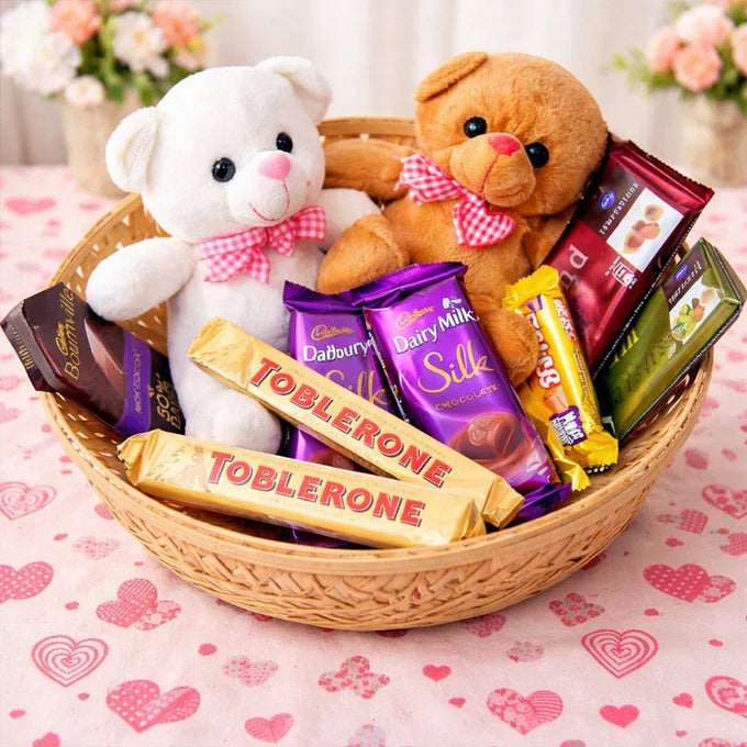 Chocolate Basket with 2 Teddy Bears Gift Hamper