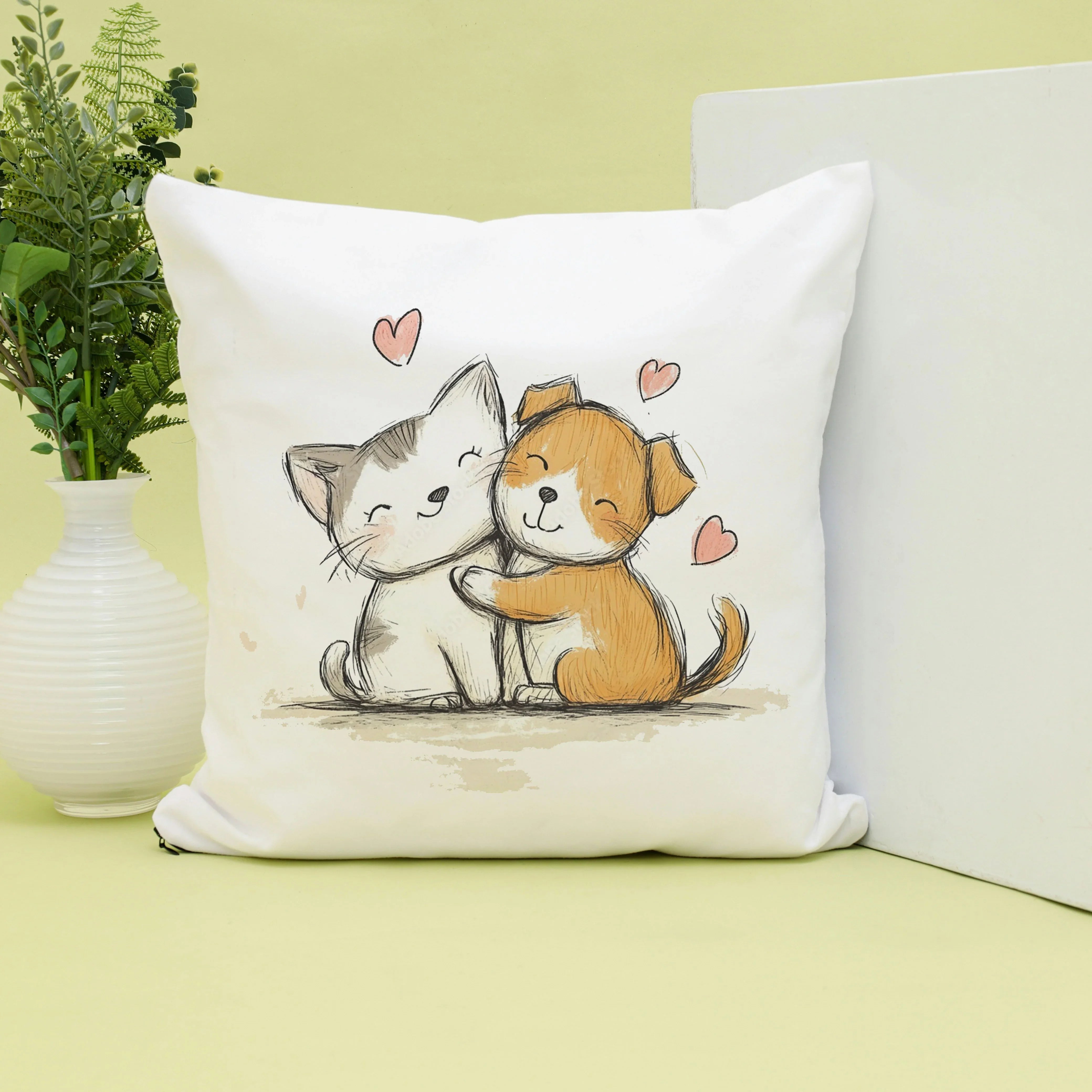 Cute Cat & Dog Hug Printed Cushion
