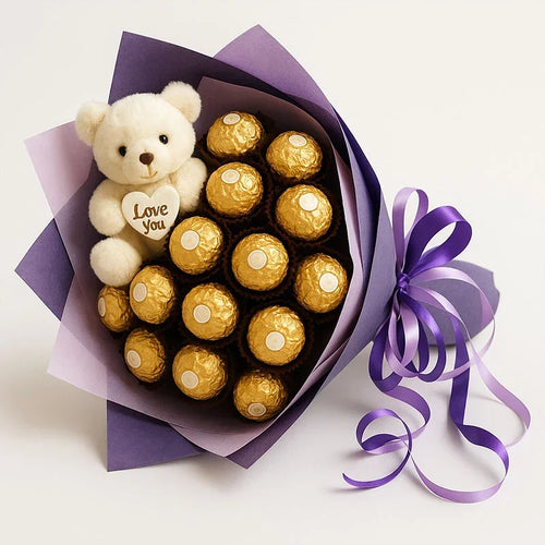 Bouquet of Ferrero Rocher chocolates with white teddy bear holding 'Love you' heart and purple ribbon