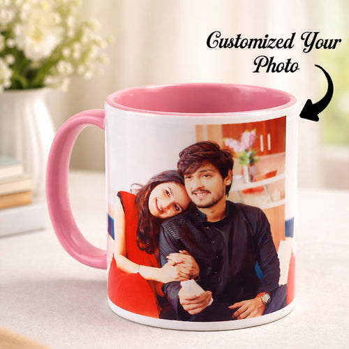 Personalized mug with a photo of a couple on a blurred indoor background