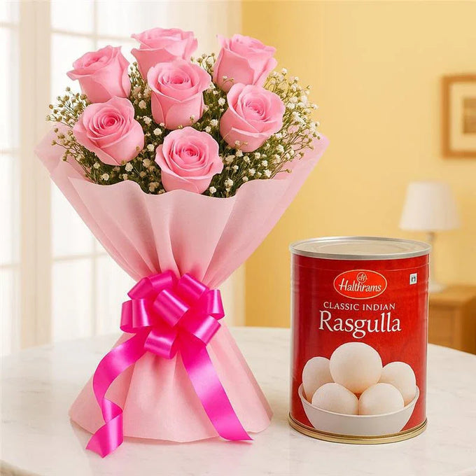 Pink Roses Bouquet with 1 Kg Haldiram Rasgulla - Anniversary Gift in GiftsGhaziabad