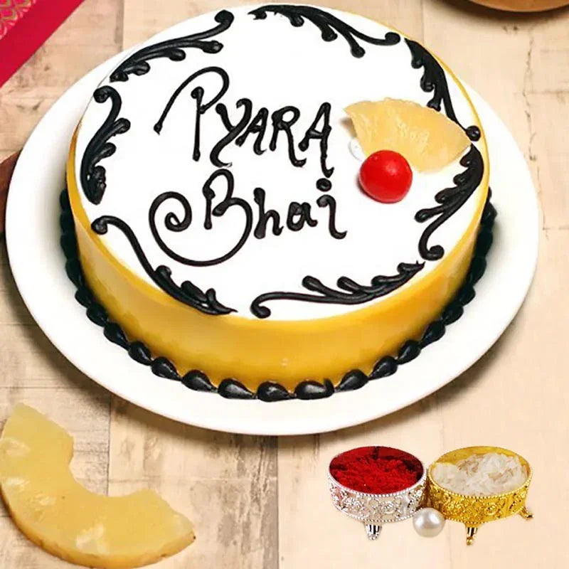 Cake with 'Pyara Bhai' text and festive elements on a wooden surface