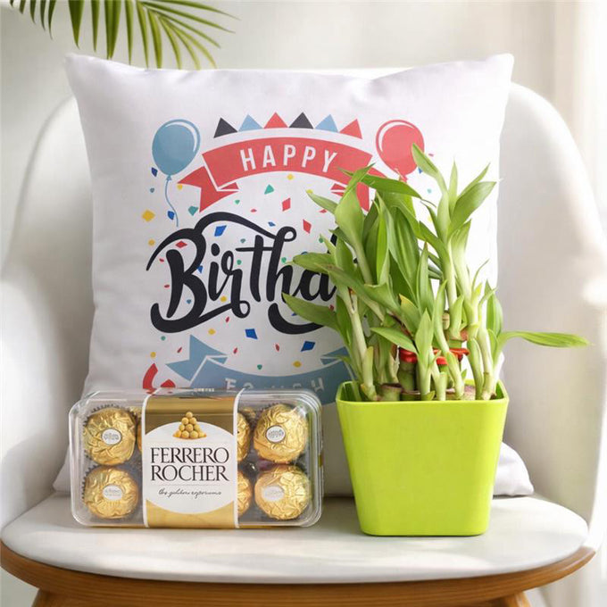 Birthday Cushion with Money Plant & 16 Ferrero Rocher Gift Combo