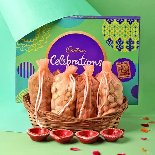 Cadbury Celebrations chocolate gift set with a basket of wrapped chocolates on a green background