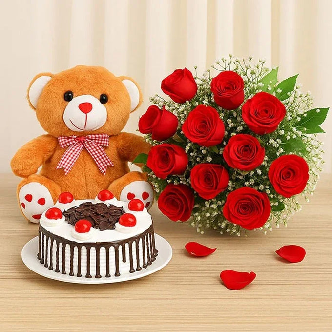Black Forest Cake with 10 Red Roses & 12 Inch Brown Teddy - Flower Delivery in GiftsGhaziabad