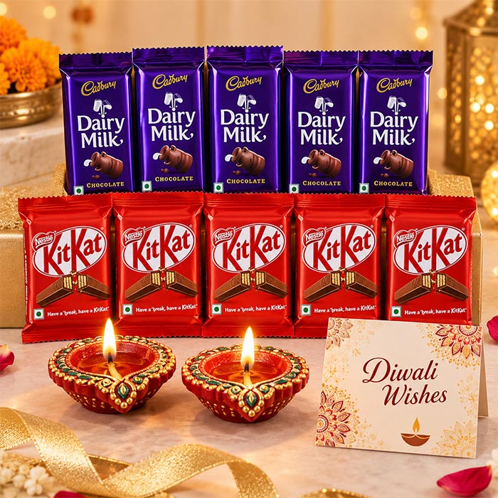 Diwali Chocolate Gift Combo with Designer Diyas & Greeting Card