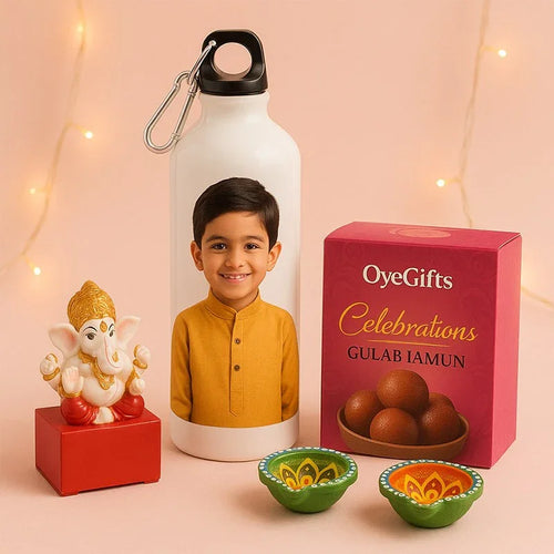Diwali Gift Combo with Personalised Photo Sipper Bottle, Ganesha Idol, 2 Diyas and 1kg Gulab Jamun Online Gift Delivery