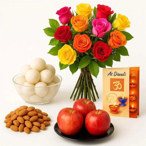 Diwali gift set with colorful roses, rasgulla sweets, almonds, apples, and greeting card