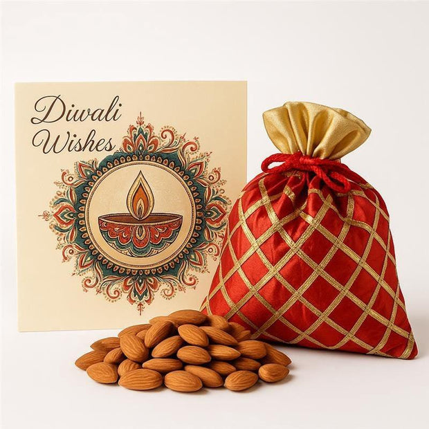 Diwali wishes card with traditional diya design, red gift pouch, and almonds