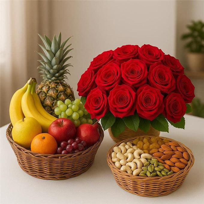 12 Red Roses Basket with Mixed Dry Fruits and Fresh Fruits Hamper - Flower Delivery in Kalyani