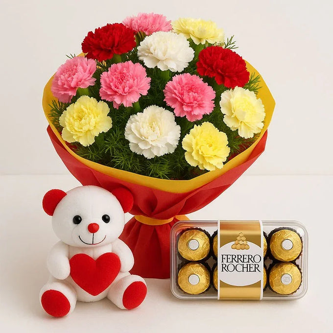 Carnation Bouquet with Ferrero Rocher Chocolates and 6 Inch Teddy - Flower Delivery in GiftsGhaziabad