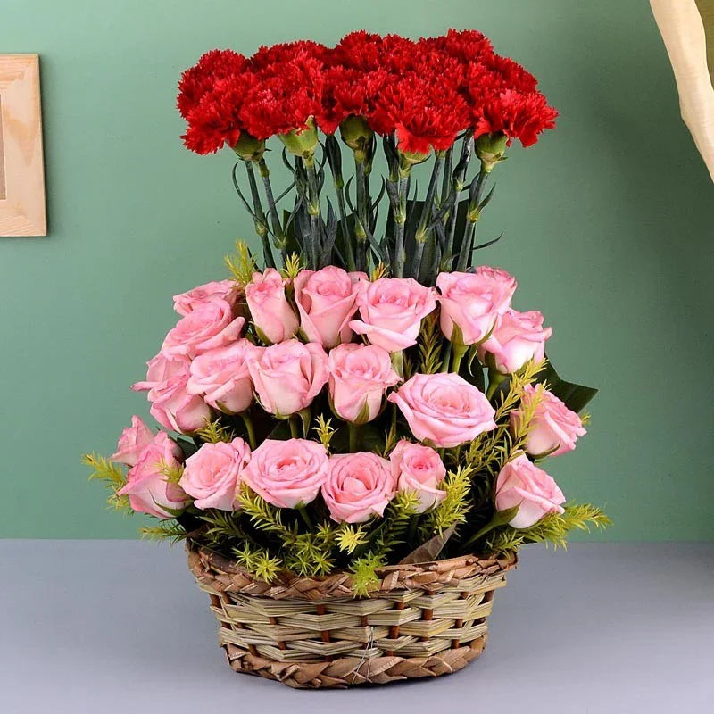 Pink Teddy Bear with Exotic Red Rose Basket