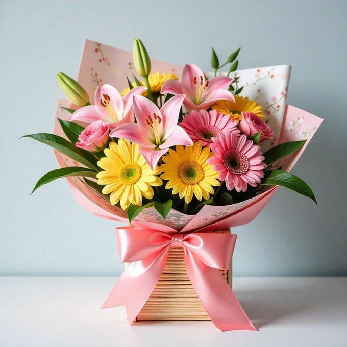 Mixed Flower Bouquet with 3 Lilies, 4 Yellow Gerberas & 2 Pink Roses - Flower Delivery in Kalyani