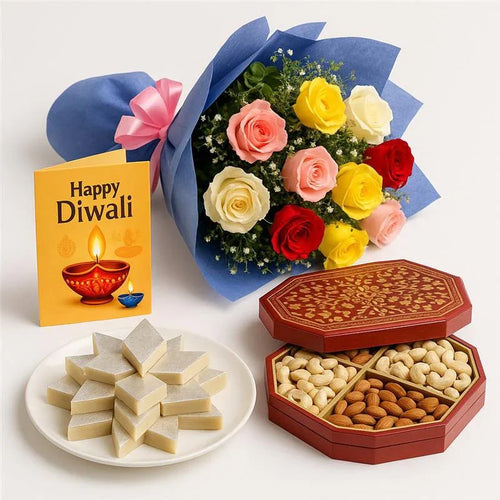 Diwali gift combo with mixed roses bouquet, Happy Diwali card, kaju katli sweets, dry fruits box