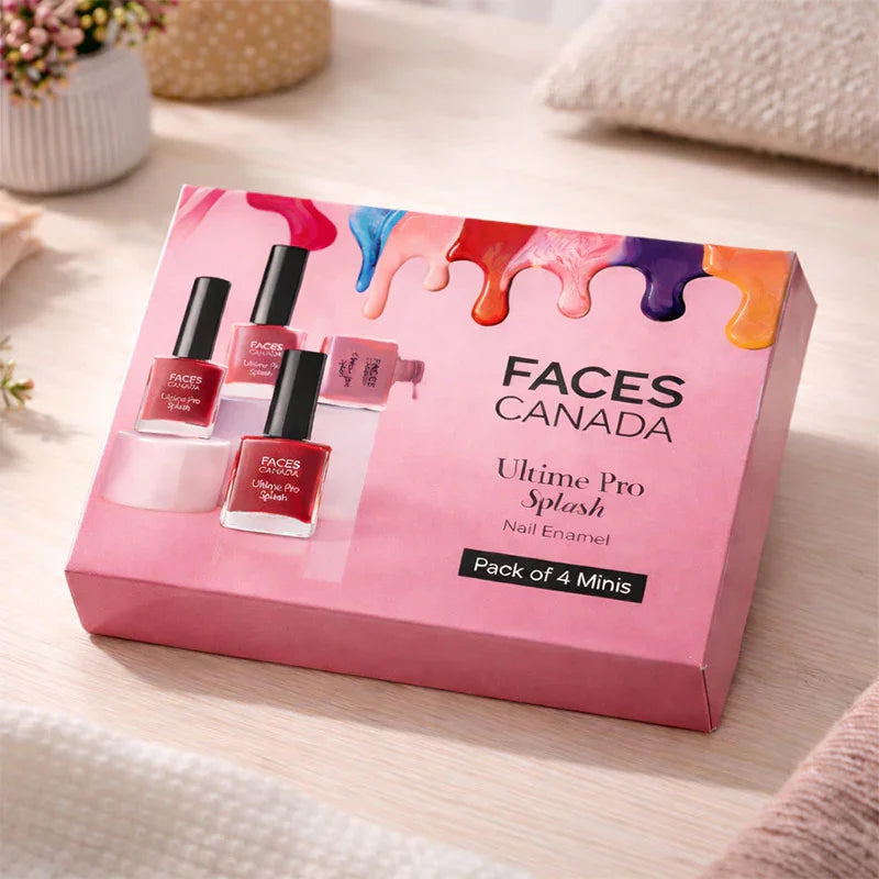 FACES CANADA nail polish set packaging on a light surface with decorative elements.