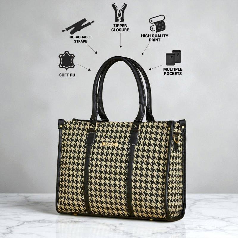 Fargo Premium Houndstooth Pattern Handbag for Women – Stylish Tote Bag with Black Leather Handles