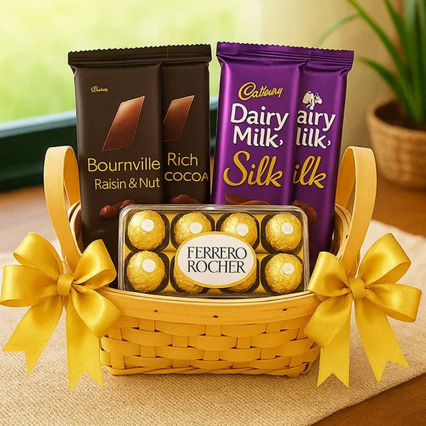 Chocolate gift basket with Ferrero Rocher, Dairy Milk Silk, and Bournville bars, decorated with yellow bows.