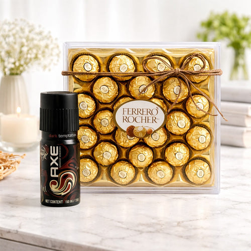 Ferrero Rocher chocolate set and Axe deodorant on a marble surface with a blurred indoor background