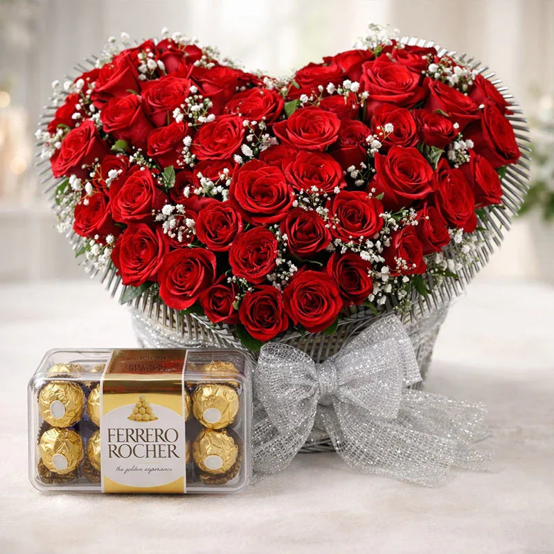 Ferrero Rocher Chocolate Box And Fifty Red Roses Heart Shape Arrangement