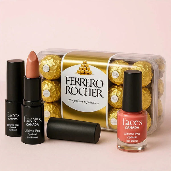 Ferrero Rocher chocolates with Faces Canada lipstick and nail polish against a pink background