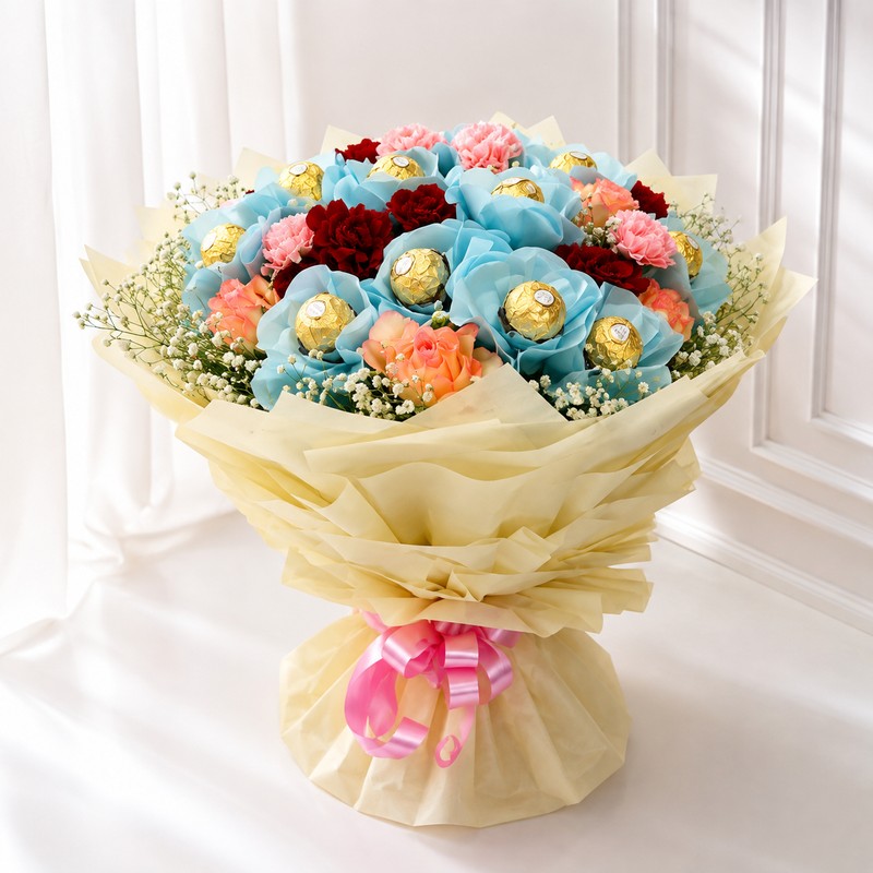 Ferrero Rocher and mixed flowers luxury bouquet