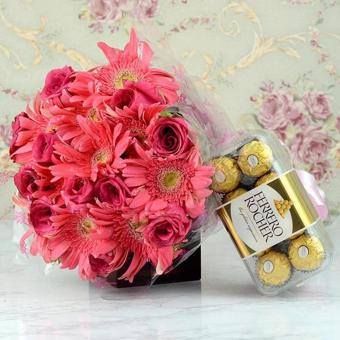 Ferrero & Flowers Bouquet - Flower Delivery in GiftsGhaziabad