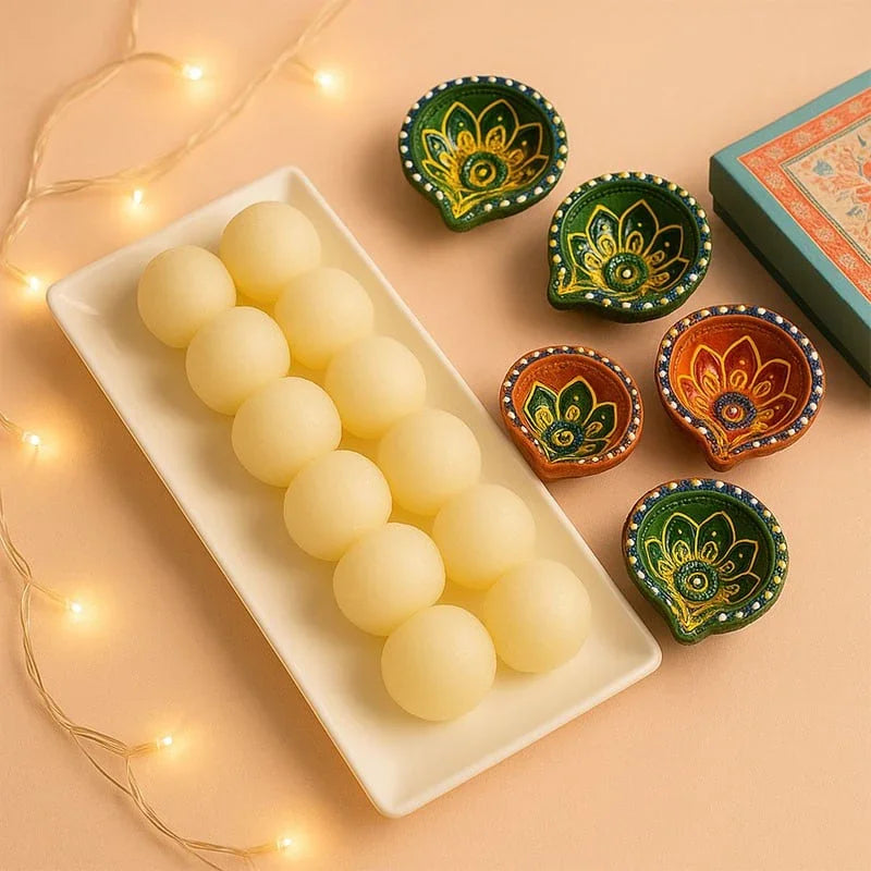Festive Delight Combo – 5 Designer Diya & 500gm Rasgulla