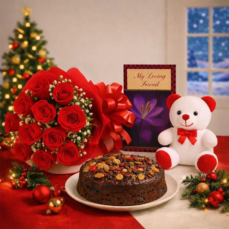 Festive Love Surprise Gift Hamper with Red Roses, Chocolate Cake & Teddy