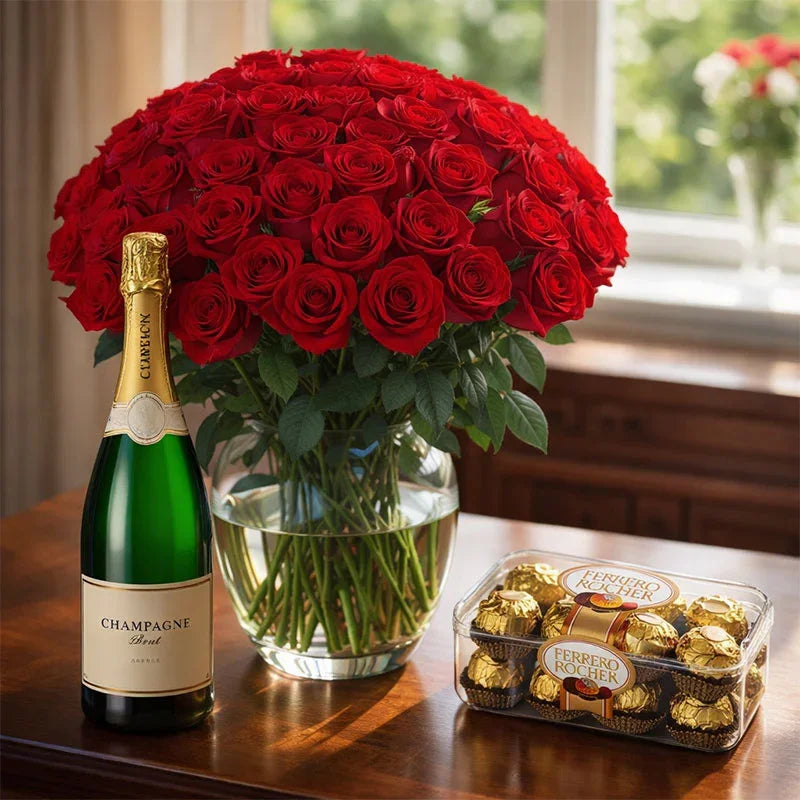 Fifty Red Roses Vase with Ferrero Rocher Chocolate and Champagne Bottle