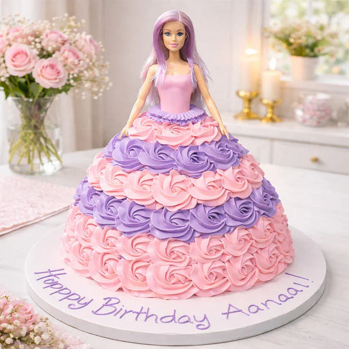 Barbie Doll Cream Cake 2 Kg with Rose Petal Gown Design - Cake Delivery in GiftsGhaziabad