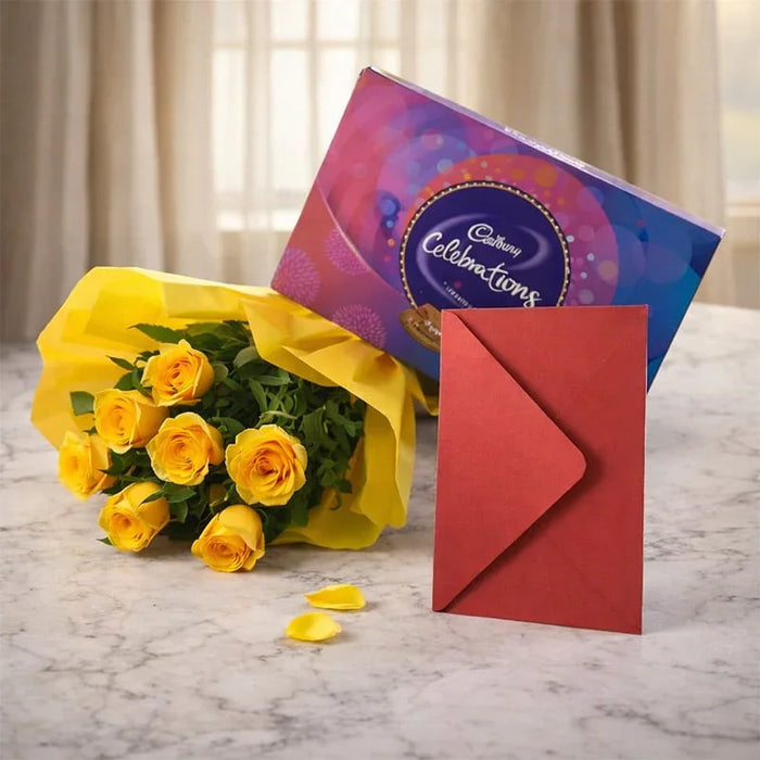 Yellow Roses Bouquet with Cadbury Celebration & Greeting Card