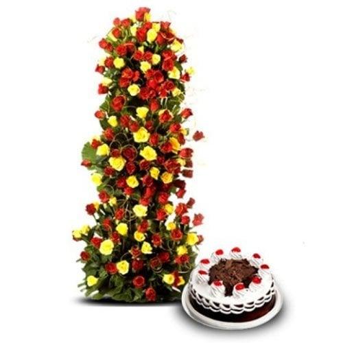 100 Red & Yellow Roses Standing Arrangement with 1kg Black Forest Cake - Cake Delivery in Kalyani