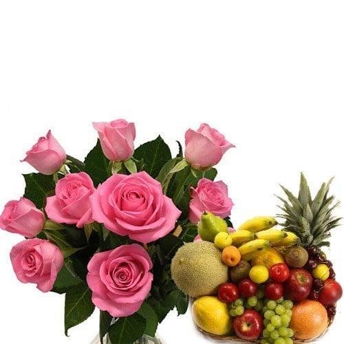 10 Pink Roses with 5 Kg Fresh Fruit Basket - Flower Delivery in GiftsGhaziabad