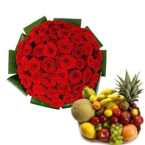 75 Red Roses Bouquet with 5 Kg Mixed Fresh Fruits Basket - Flower Delivery in Kalyani