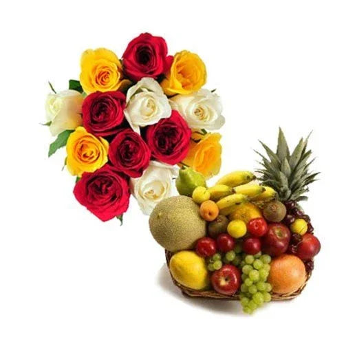 Mixed roses bouquet and assorted fresh fruit basket gift arrangement