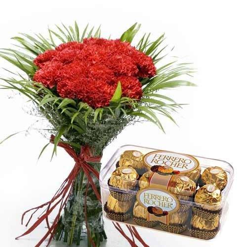 Red carnation flower bouquet with Ferrero Rocher chocolate gift box