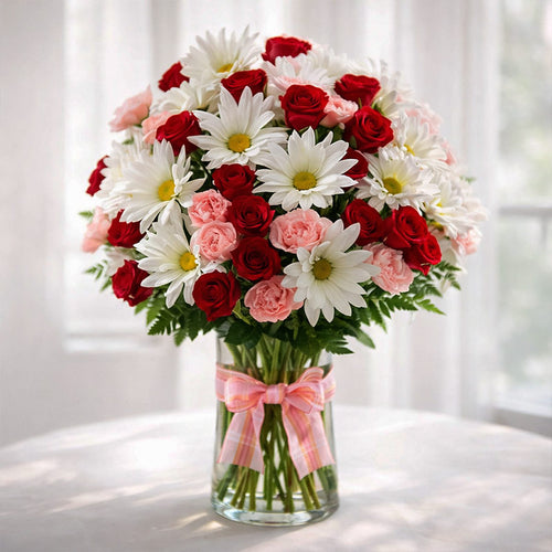 Bouquet of red, white, and pink flowers in a clear vase with a pink bow on a light background