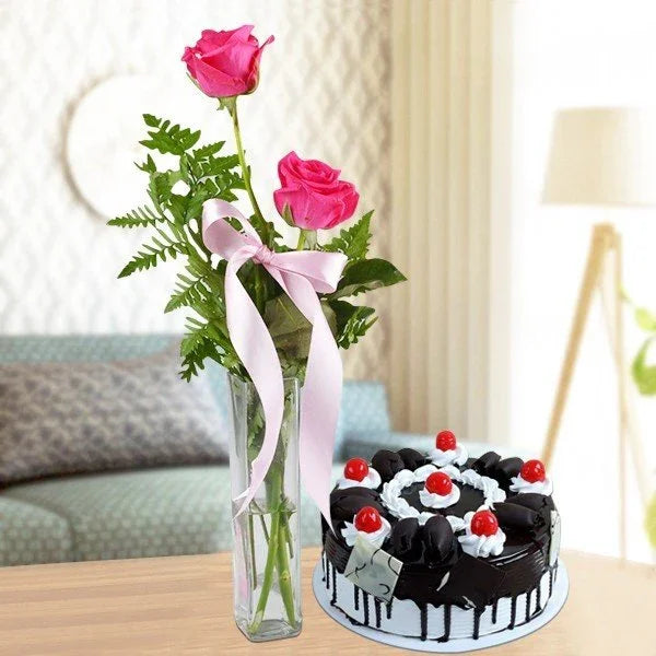 Pink Roses in Glass Vase with Black Forest Cake - Cake Delivery in GiftsGhaziabad