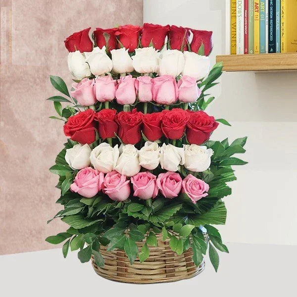 Red, Pink N White Roses Basket
