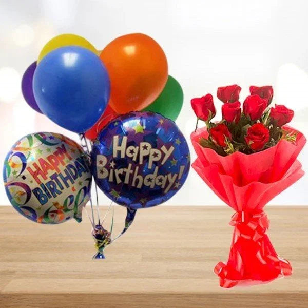8 Red Roses with 7 Balloons Birthday Gift - Flower Delivery in GiftsGhaziabad