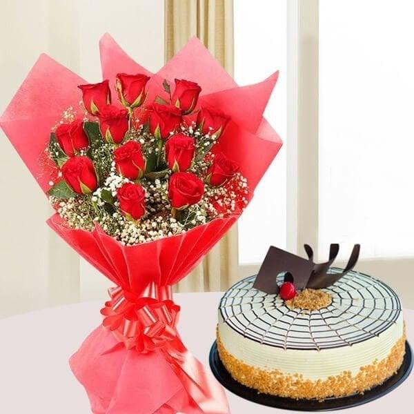15 Red Roses with Half Kg Butterscotch Cake - Cake Delivery in GiftsGhaziabad