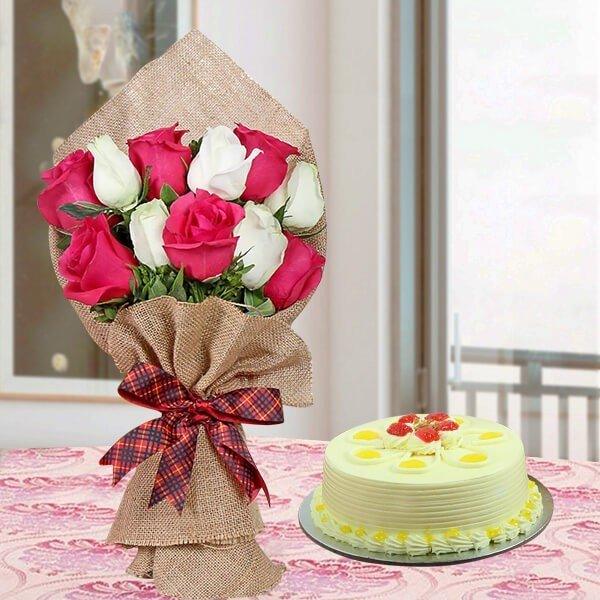 Roses and Butterscotch Cake Gift Combo - Flower Delivery in GiftsGhaziabad