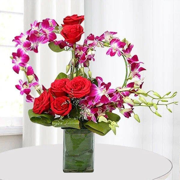 Red Rose & Purple Orchid Vase Arrangement
