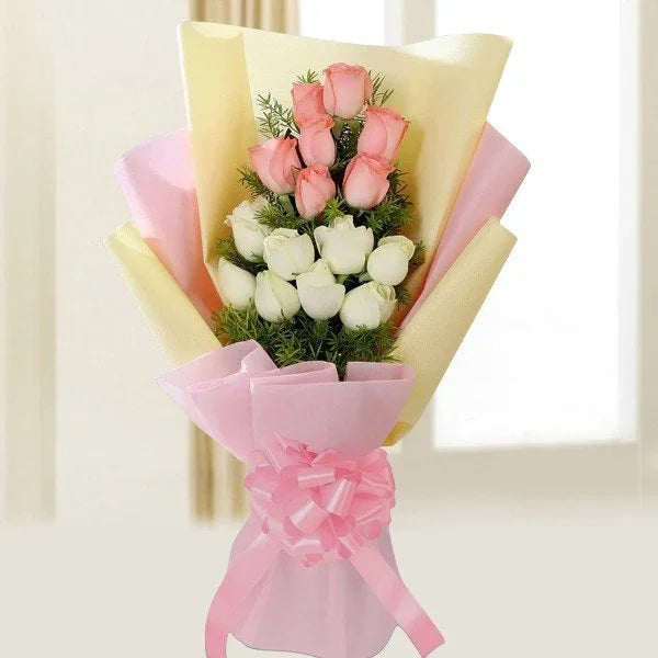 7 Pink & 8 White Roses Bouquet with Pink & White Wrap