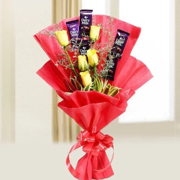 Cadbury Dairy Milk with 5 Yellow Roses Bunch